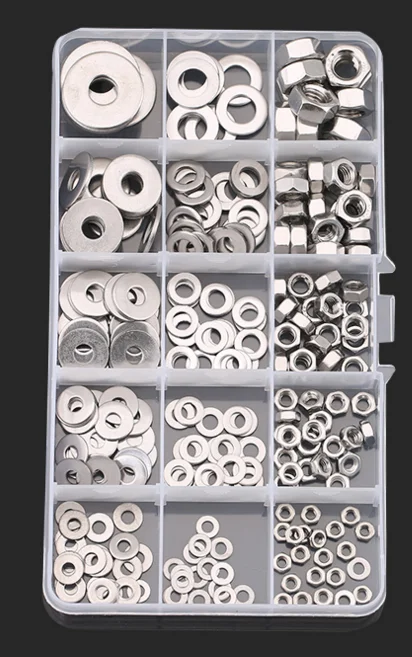 New Arrival  M3 M4 M5 M6 M8 304 Stainless Steel Nuts and Flat Washers Assortment Kit 270pcs with High Quality