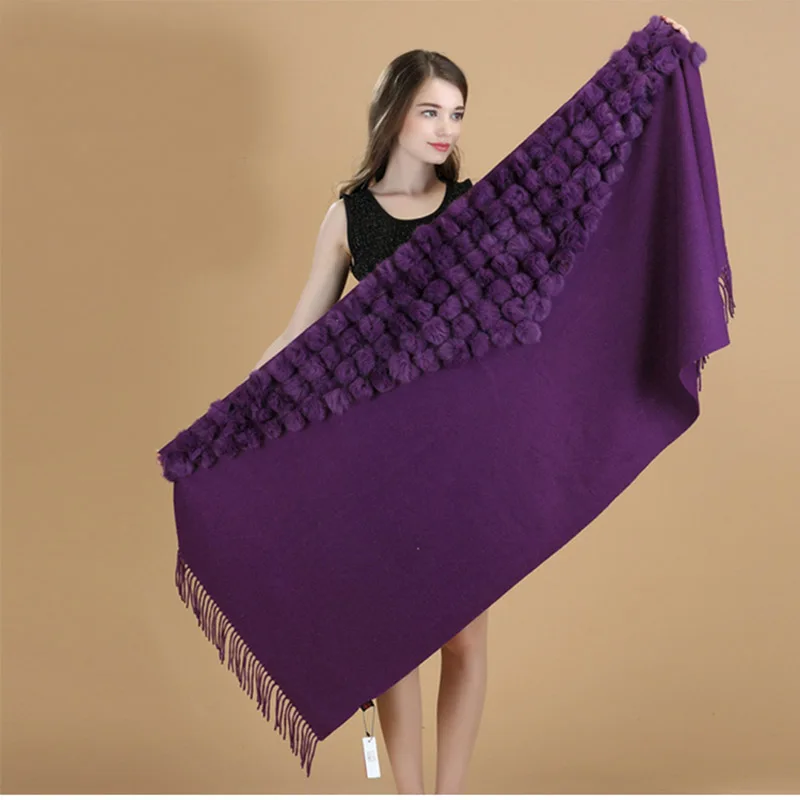 New Burgundy High Quality Women\'s 100% Wool Rabbit Fur Balls Pashmina With Fine Tassel Thick Shawl Scarf Warm Fashion Wool Shawl