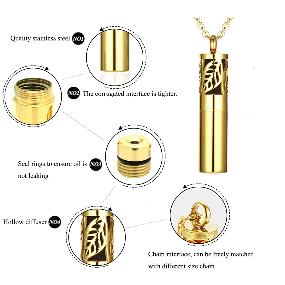 Essential Oil Container Gold Color 316L Stainless Steel Pendant Perfume Bottle Aromatherapy Diffuser Necklace Locket Women