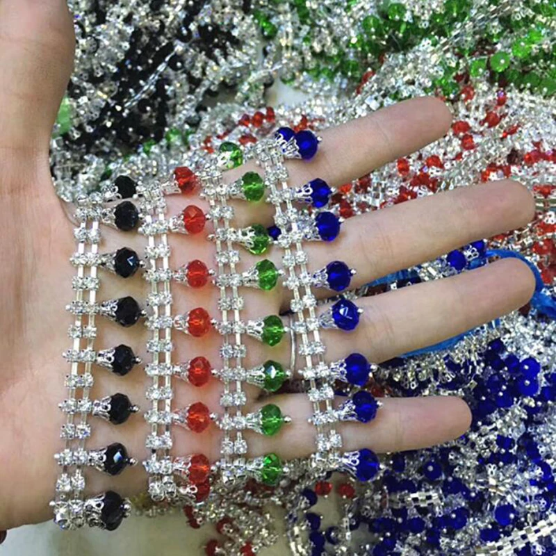 

5 Yards Crystal Clear Glass Rhinestone Bridal Trim Fashion Chain Silver Tassel Rhinestones Trimming Sapphire Black Red Green