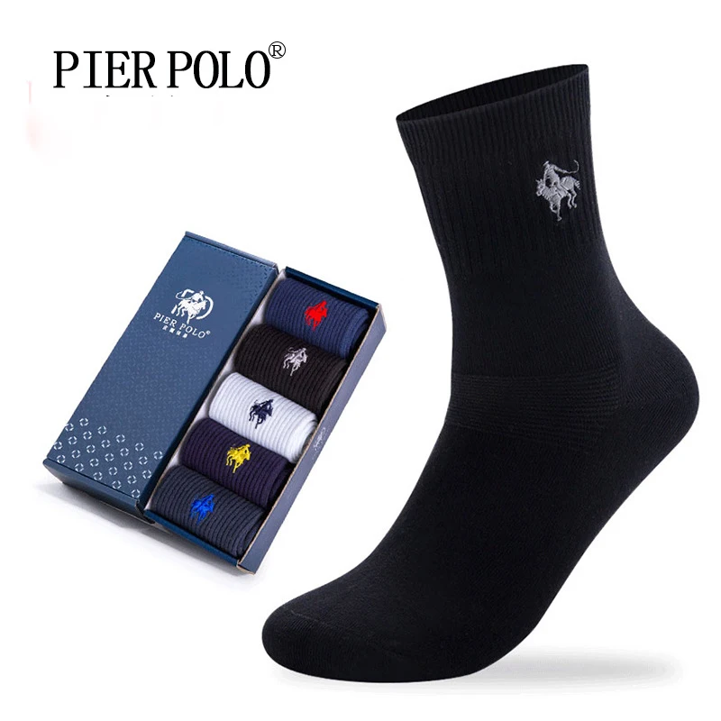 

PIER POLO Socks Fashion Brand Business Men Socks Chaussette homme Crew Cotton Socks Embroidery Dress Socks For Men 5Pairs/lot