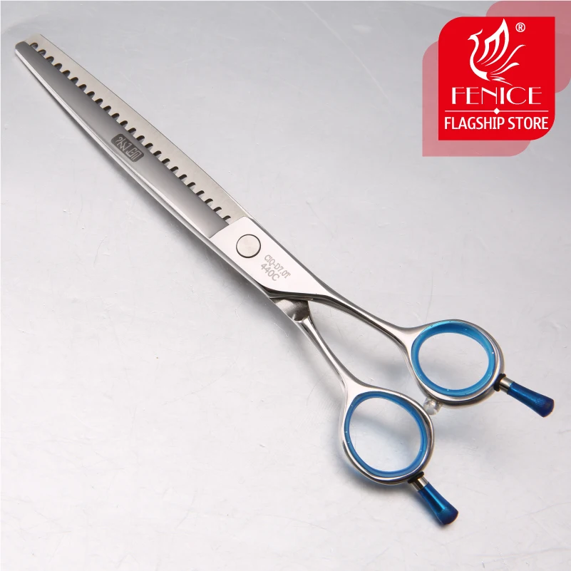 Fenice High quality Japan 440C stainless steel 7 inch blue pet dog grooming thinning scissor thinning rate 75%