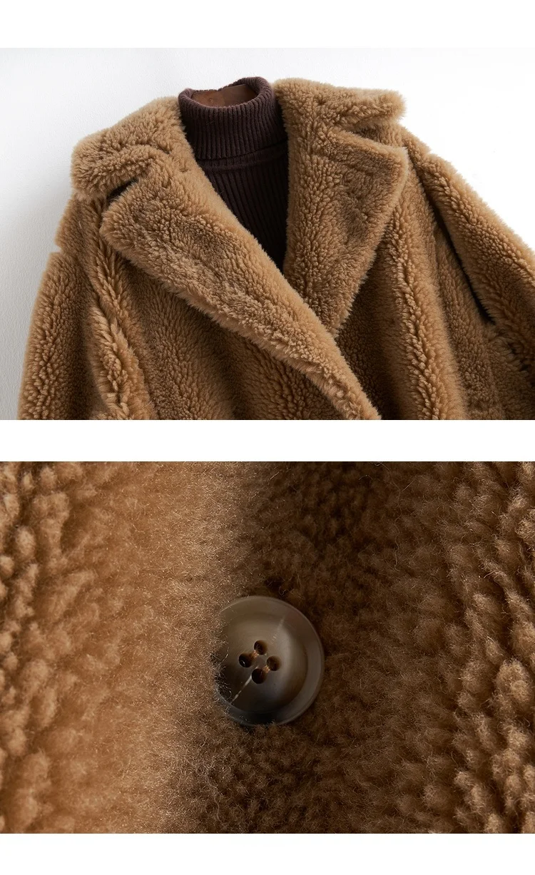 Harppihop*new arrival free shipping real sheep fur coat long style wool coat camel teddy coat over size winter women coat