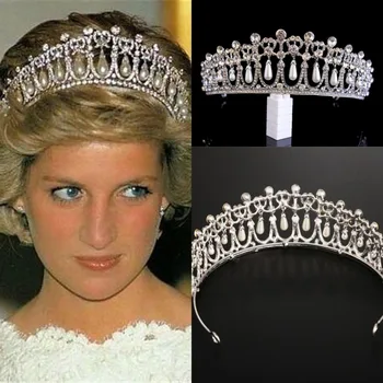 Diadema di perle di cristallo con corona di regina principessa Diana color argento vintage per accessori per capelli da sposa Fasce per capelli da sposa Tiara De Noiva