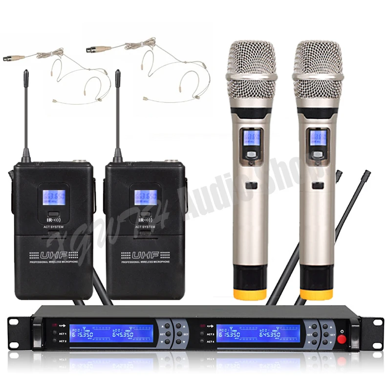 UHF Digital Wireless Microphone System 2 Handheld Dynamic Mic + 2 Bodypack Condenser Headset Mic