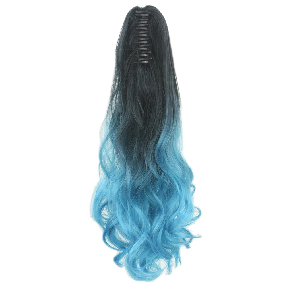 

Soowee Wavy Black To Blue Ombre Claw Ponytail False Strands Clip In Hair Extension Hairpiece Pony Tail Hair on Hairpins