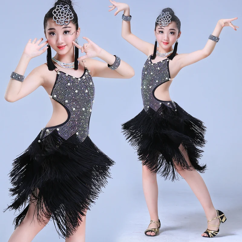 

High Quality 2019 Children's Latin Dance Costumes Children's Girls Latin Dance Performance Competition Clothing Sequined Skirt