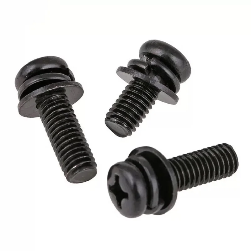 100PCS M2.5 M3 M4 GB9074.4 Black carbon steel phillips pan head three combination screw sems screws with washer tamper-resistant