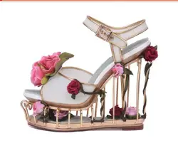 Peep Toe Woman Sandal Rose Caged Heels Platform Wedge Sandal Flower PVC 17CM Cutouts Gladiator sandal