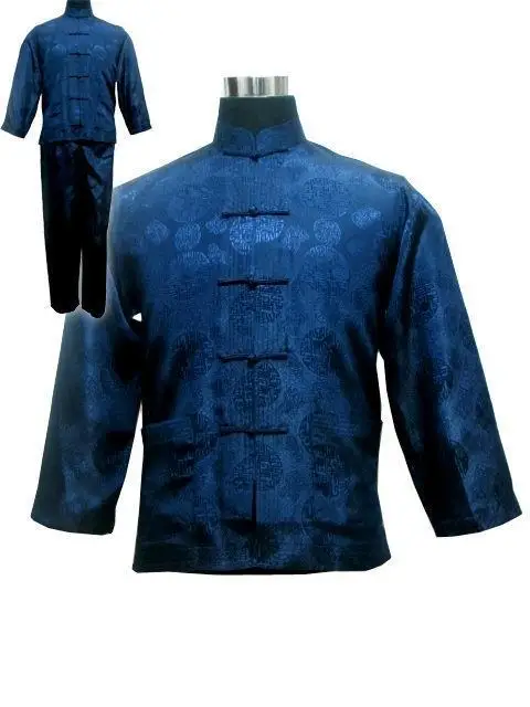 Navy blue Men\'s Polyester Satin Pajama Sets jacket Trousers Sleepwear Nightwear SIZE S M L XL XXL XXXL M3020