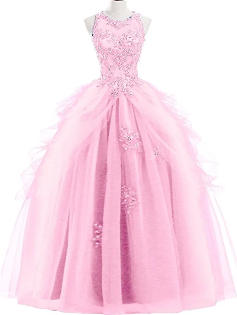 Gardlilac Organza Scoop Leher Manik-manik Tanpa Lengan Off Bahu Lantai-length Ball Gown Quinceanera Dresses