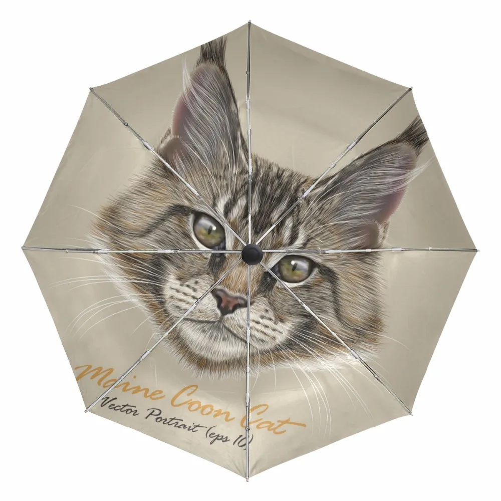 

Cute Maine Coon Cat Print Umbrella Rain Women Three Folding Fully Automatic Umbrella Male Windproof Anti-UV Parasol Parapluie