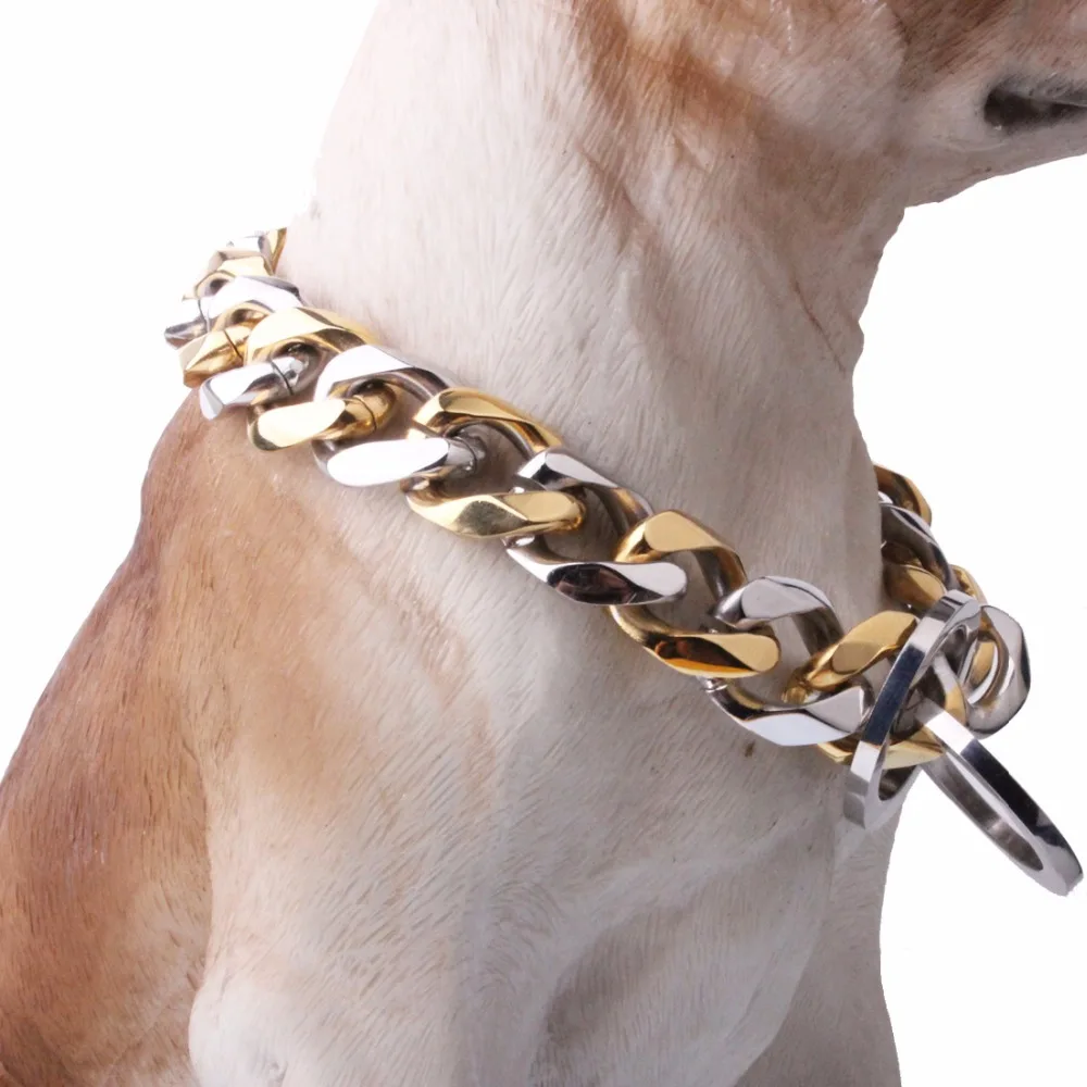 

19mm Silver Color Gold Color High-Quality 316L Stainless Steel Curb Cuban Dog Chain Collar Training Collars 12-32"