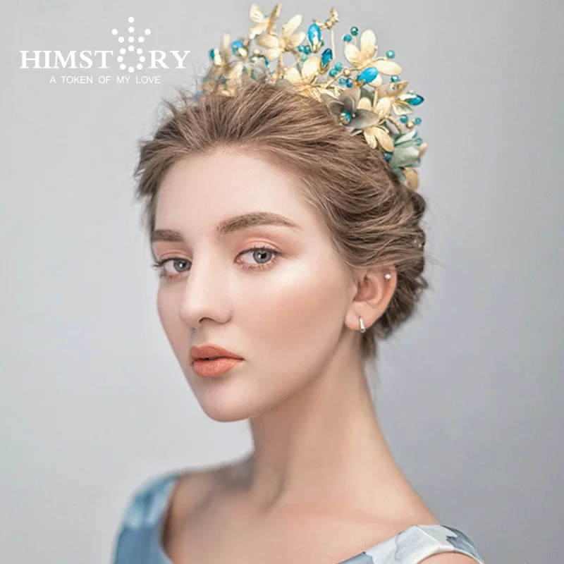 HIMSTORY Vintage Blue Flower Butterfly Tiara  Crown Baroque Queen Wedding Party Hair Accessories