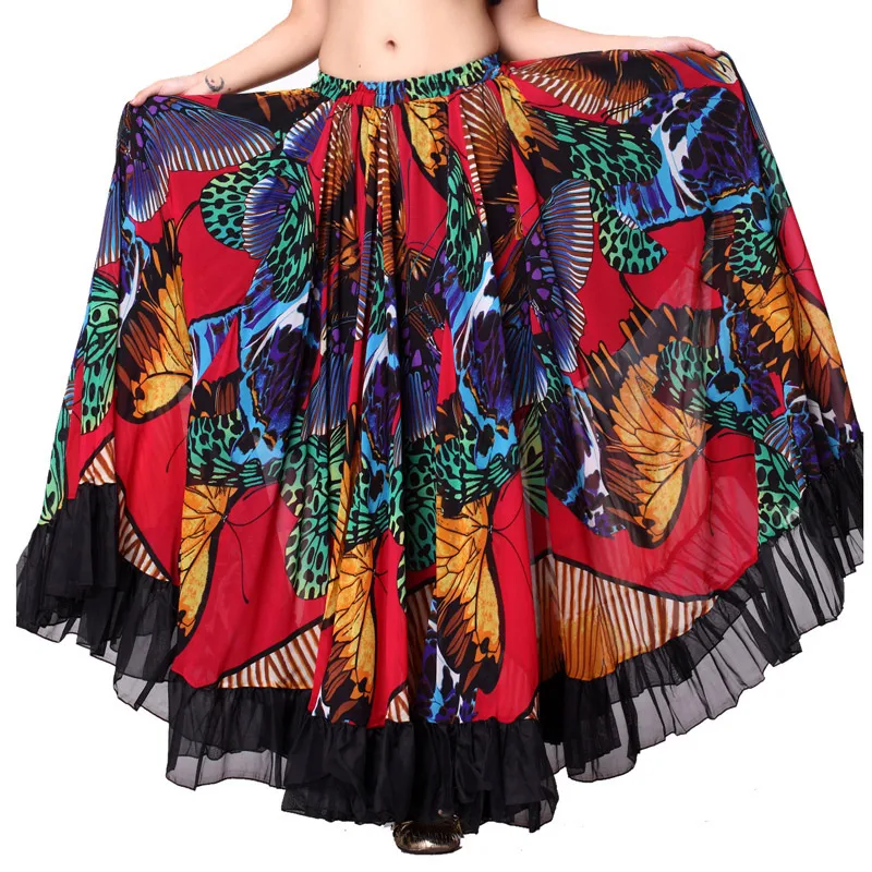 720 Degrees Tribal Belly Dance Performance Gypsy Clothes Butterfly-printed Flamenco Wear Women Sheer Chiffon Skirts