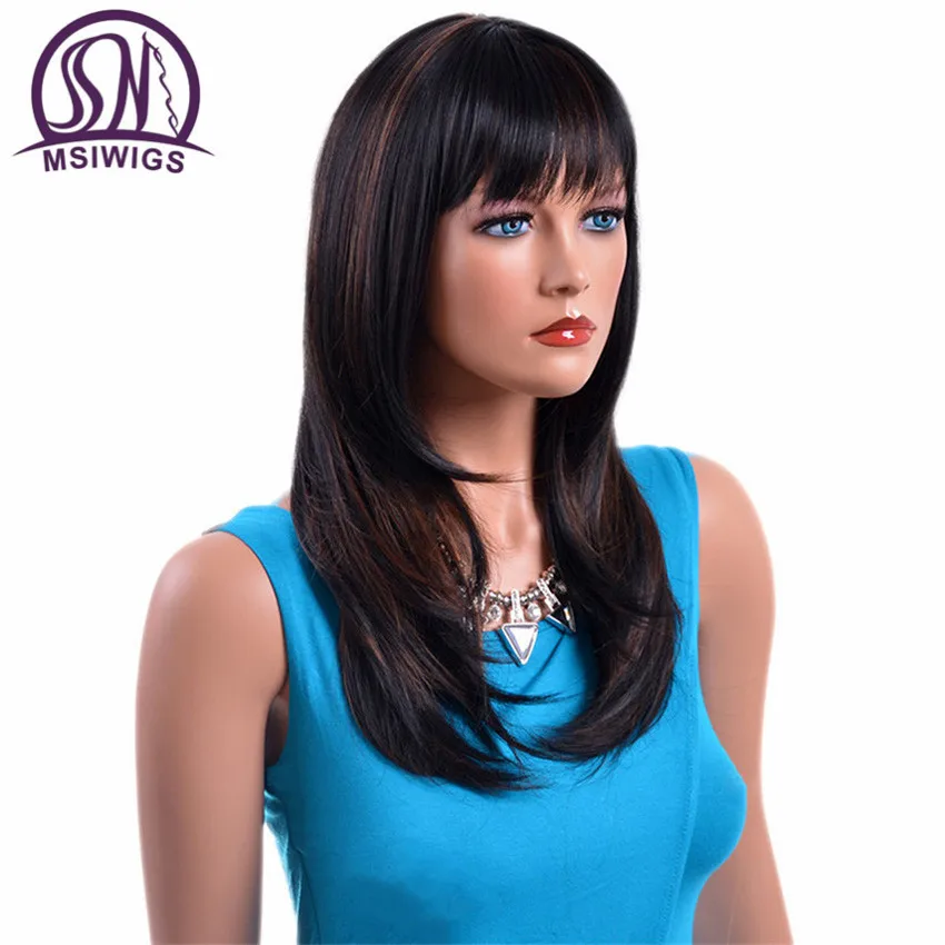 MSIWIGS Long Straight Wigs Synthetic Hair for Women High Temperature Fiber Black Ombre Wigs with Highlight