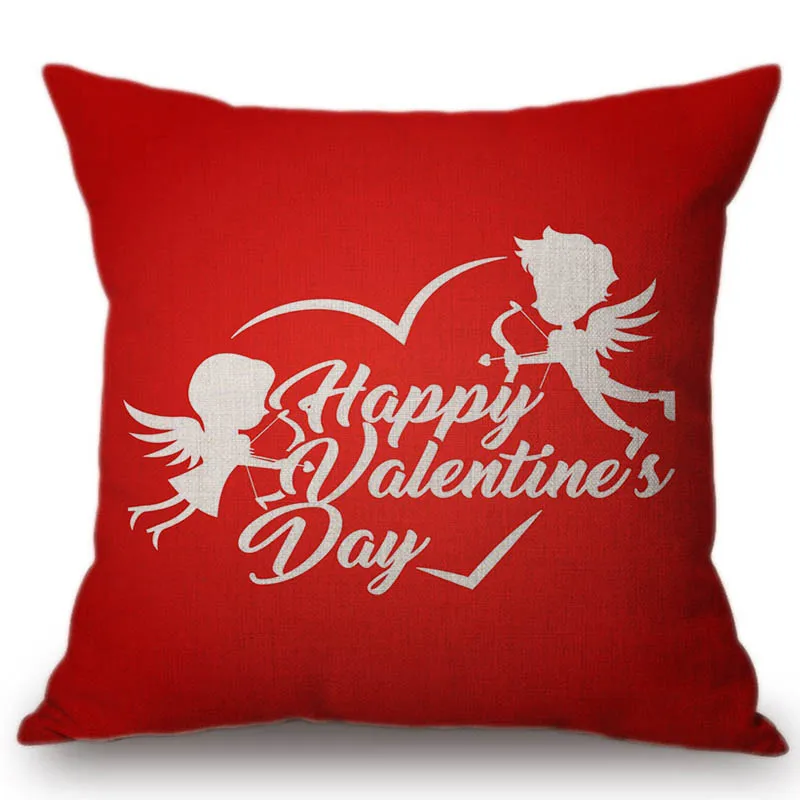 Vintage Red Pink Valentine's Day Decoration Sofa Throw Pillow Case Little Angel Cupid Red Heart Shape Cotton Linen Cushion Cover