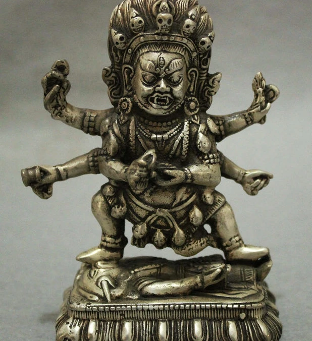 

Copper Brass craft Old China Tibet Silver Buddhism Joss Vajra Protect 6 Arms Mahakala Buddha Statue