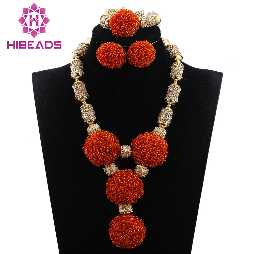 

Trendy Bold Statement Necklace Jewelry Set Orange Seed Beaded Flower Pendant African Jewelry Sets Free Ship ABH330