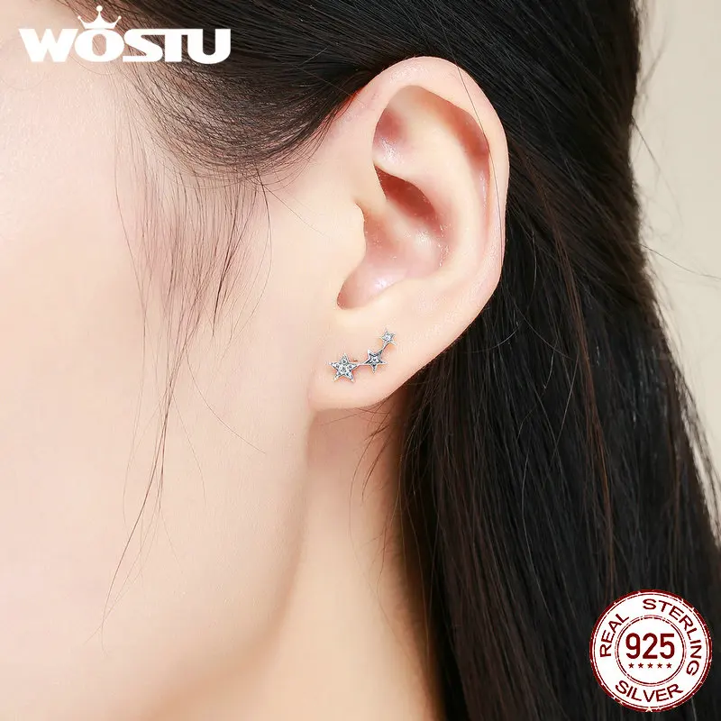 WOSTU Hot sale 925 Sterling Silver Sparking CZ Exquisite Stackable Star Stud Earrings For Women Luxury Jewelry Bijoux CQE175