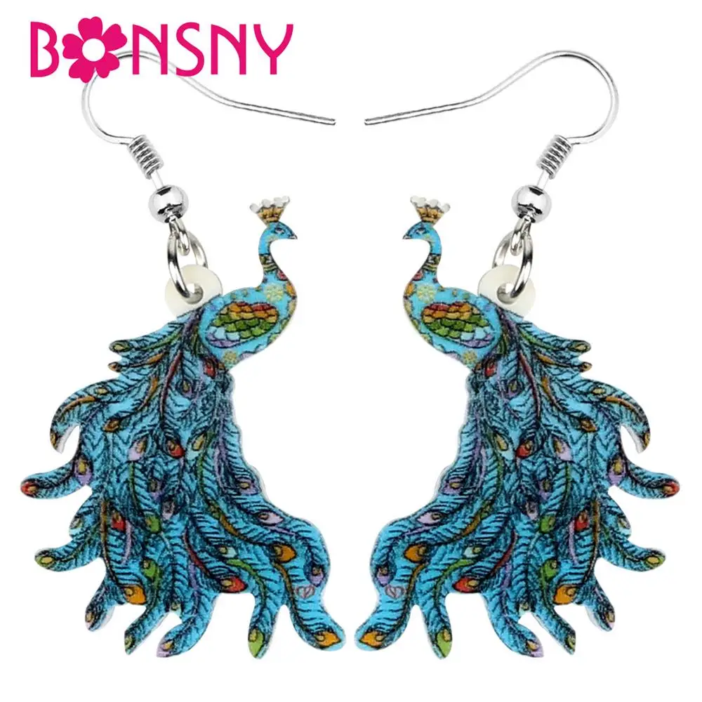 Bonsny Acrylic Fashion Blue Peacock Earrings Dangle Drop Unique Cute Bird Jewelry For Women Girls Lovers Charms Gift Decoration