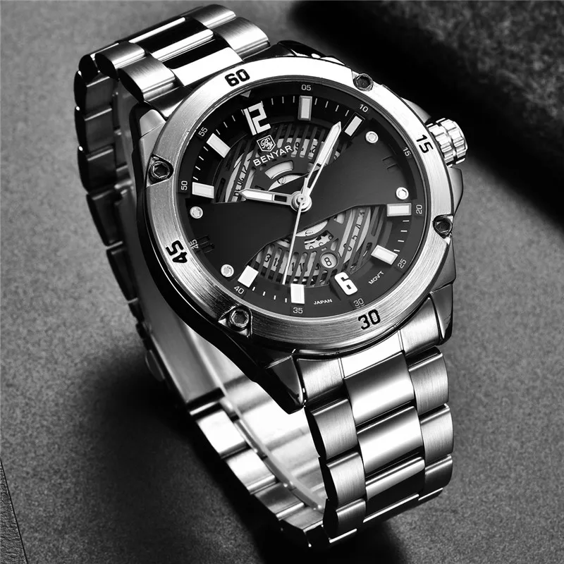 BENYAR Fashion Stainless Steel Chronograph Sports Mens Watches Top Brand Luxury Quartz Business Watch Clock Relogio Masculino