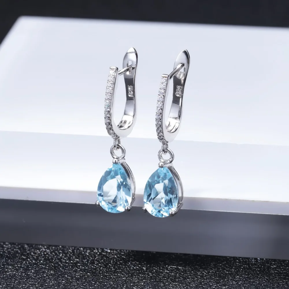 Gem\'s Ballet Natural Sky Blue Topaz Earrings Genuine 925 Sterling Silver Fine Jewelry 7x10mm Drop Earring For Women Fashion