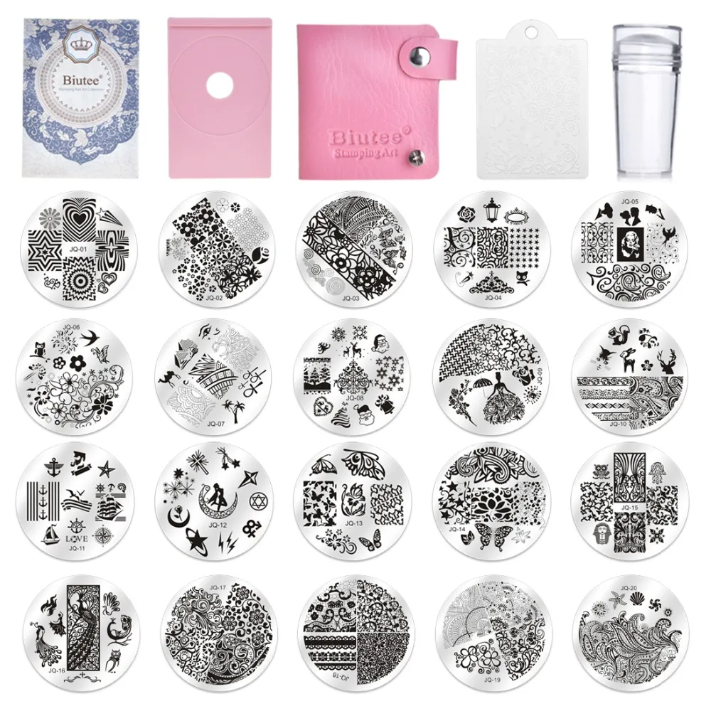 Biutee 30pcs Nail Stamping Plates Kit Flower Animal pattern Stamper & Scraper Template Image Plate Storage bag Nail Stencil Tool