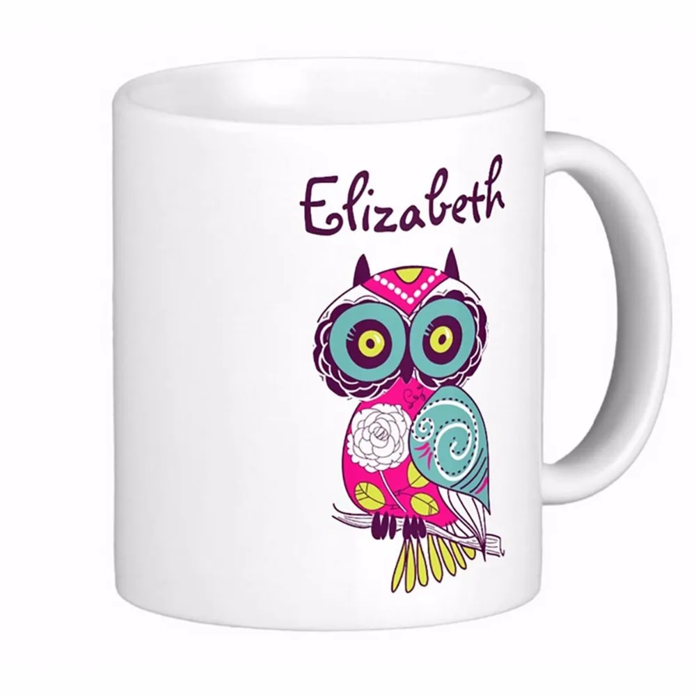 Colorful Ornate Floral Owl Custom Name White Coffee Mugs Tea Mug Customize Gift By LVSURE Ceramic Mug Travel Coffee Mugs