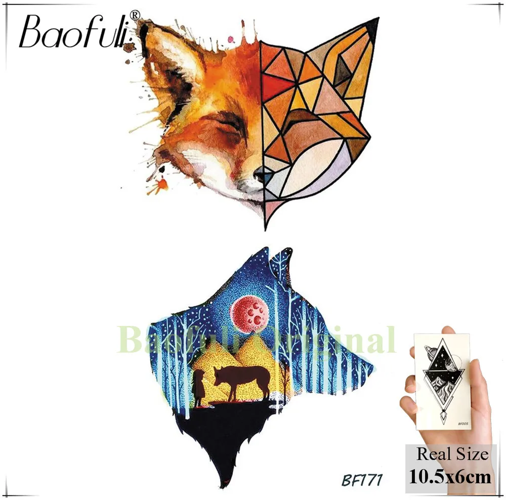 Baofuli Tijger Geometrische Vos Wolf Tatoeages Waterdicht Bos Tattoo Sticker Cartoon Dinosaurus Galaxy Aquarel Nep Tatoos Vrouwen