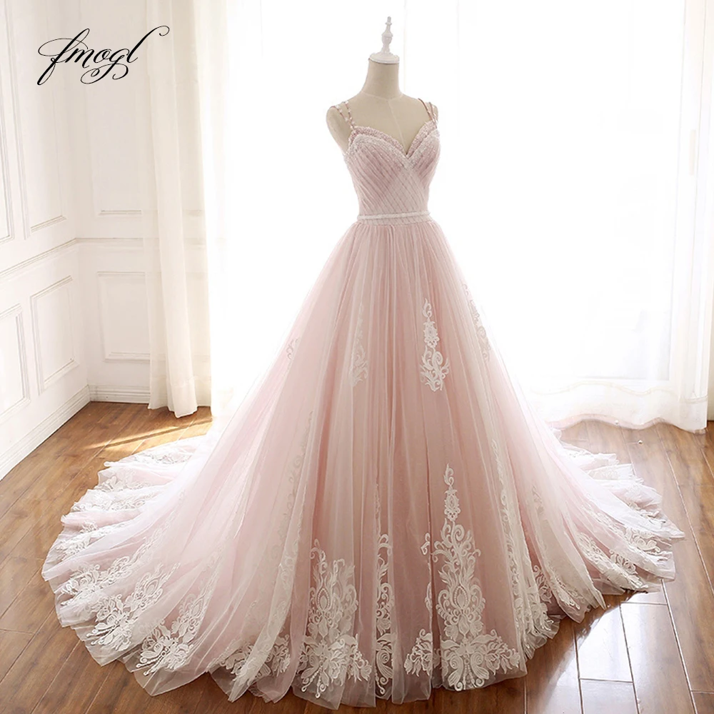 

Fmogl Vestido De Noiva Sexy Sweetheart Wedding Dresses Appliques Beaded Pleat Spaghetti Straps A Line Bridal Dress