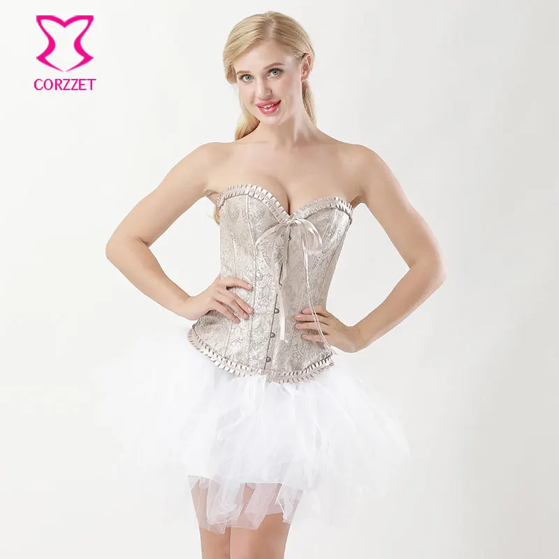 

Corzzet Beige Brocade Overbust Corset TuTu Skirts Sets Burlesque Women Wedding Clubwear Dancewear Steampunk Corset Dress