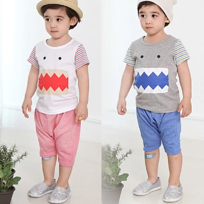 H Boys Clothes Suits Big Mouth Teeth Kid Sport Suit Children Tees Shirts Top Shorts Pant 100% Cotton