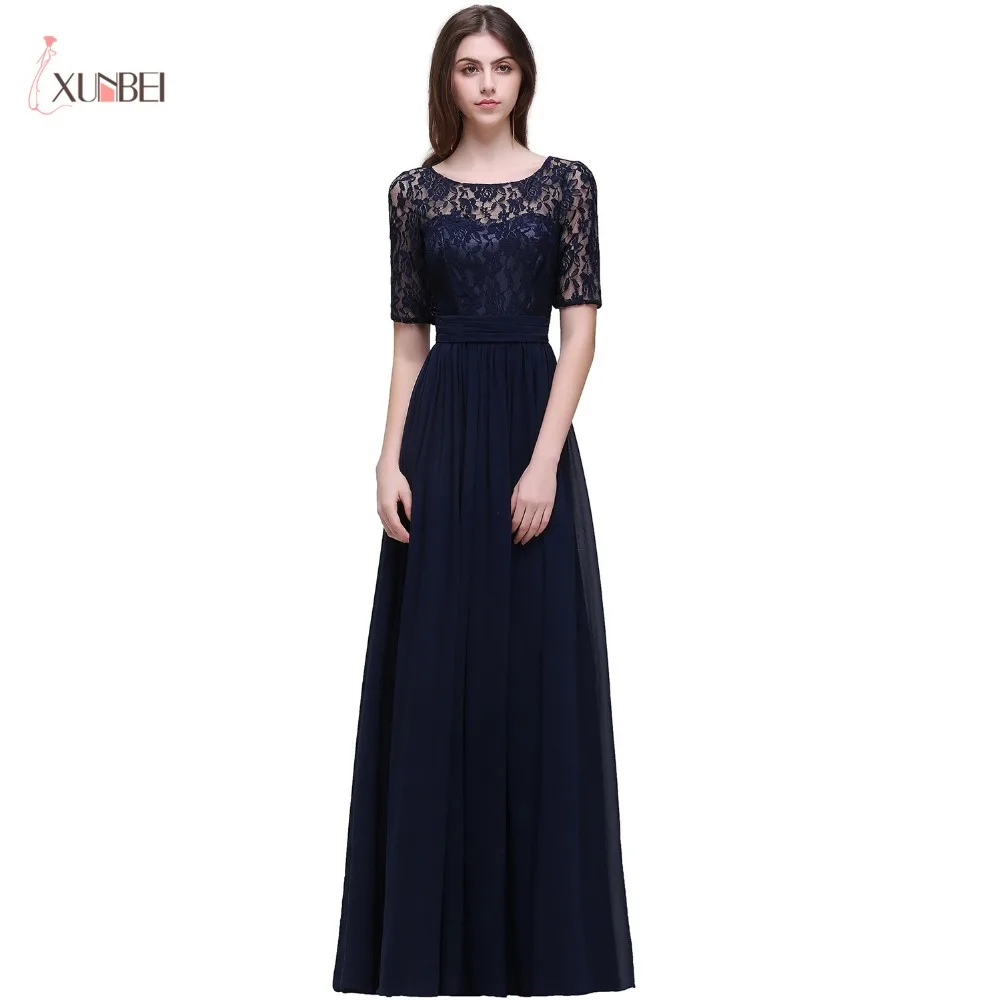 

Dark Navy Elegant Lace Long Evening Dresses 2018 Short Sleeves Chiffon Scoop Formal Party Prom Dresses Vestido de Festa