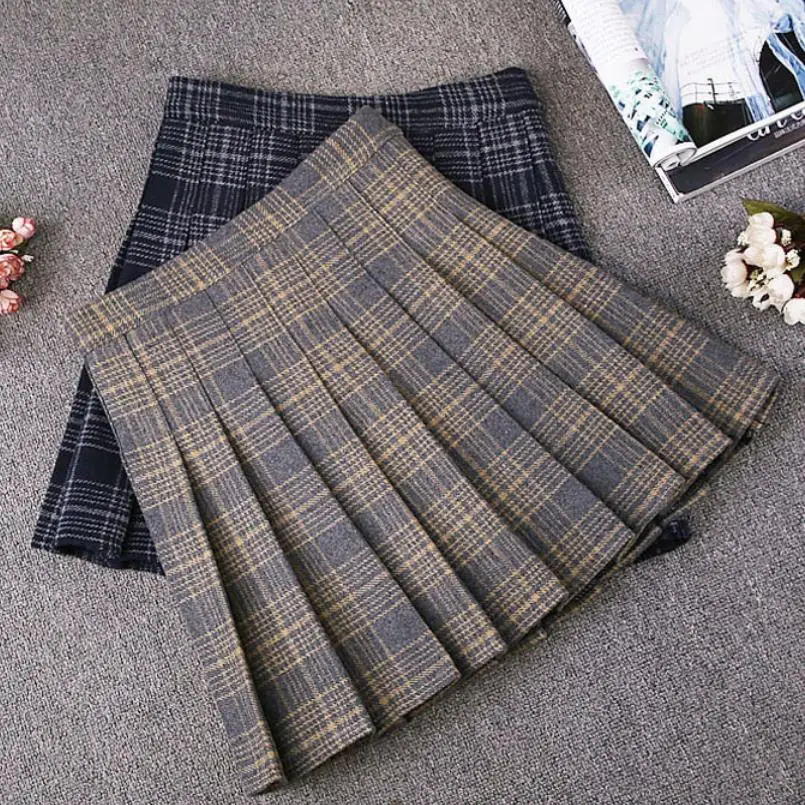 

Autumn winter woolen pleated skirt women preppy style wild plaid high waist mini skirt