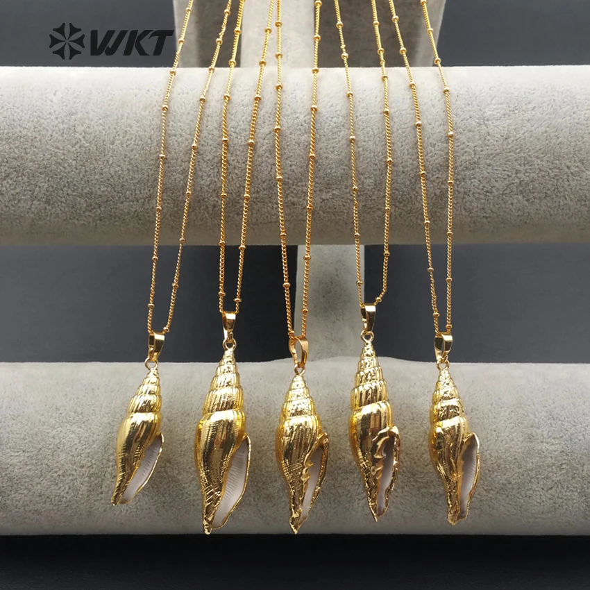 WT-JN020 Wholesale Genuine sea shell trumpet necklace full gold plating natural trumpet shell string balls necklace with 24 gold