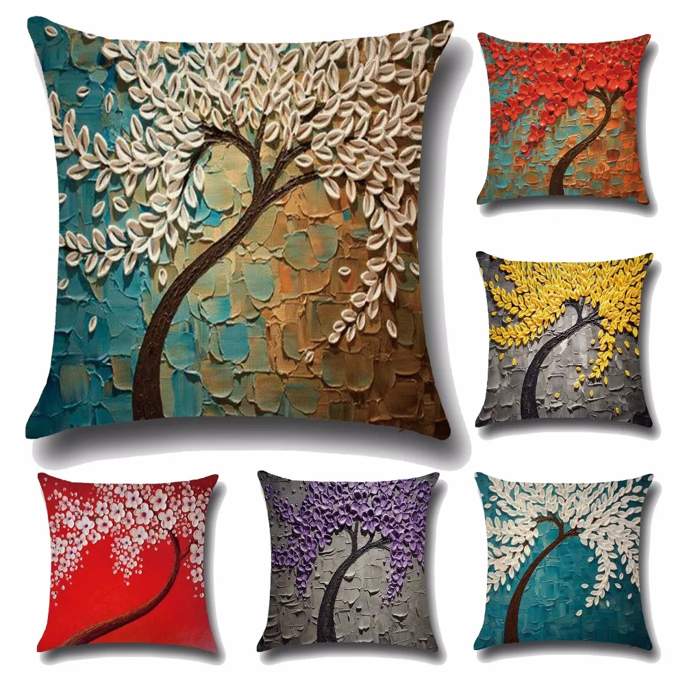 Cotton baby pillowcase 3D oil painting trees pillow case flowers cotton cushion cushion pillowcase car waist cushion cover PP29