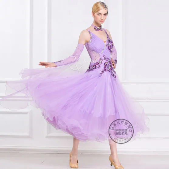 

customize High quality Light purple adult Ballroom Fox trot Quick step tango Modern Waltz competition Dance Stage Dance Dress