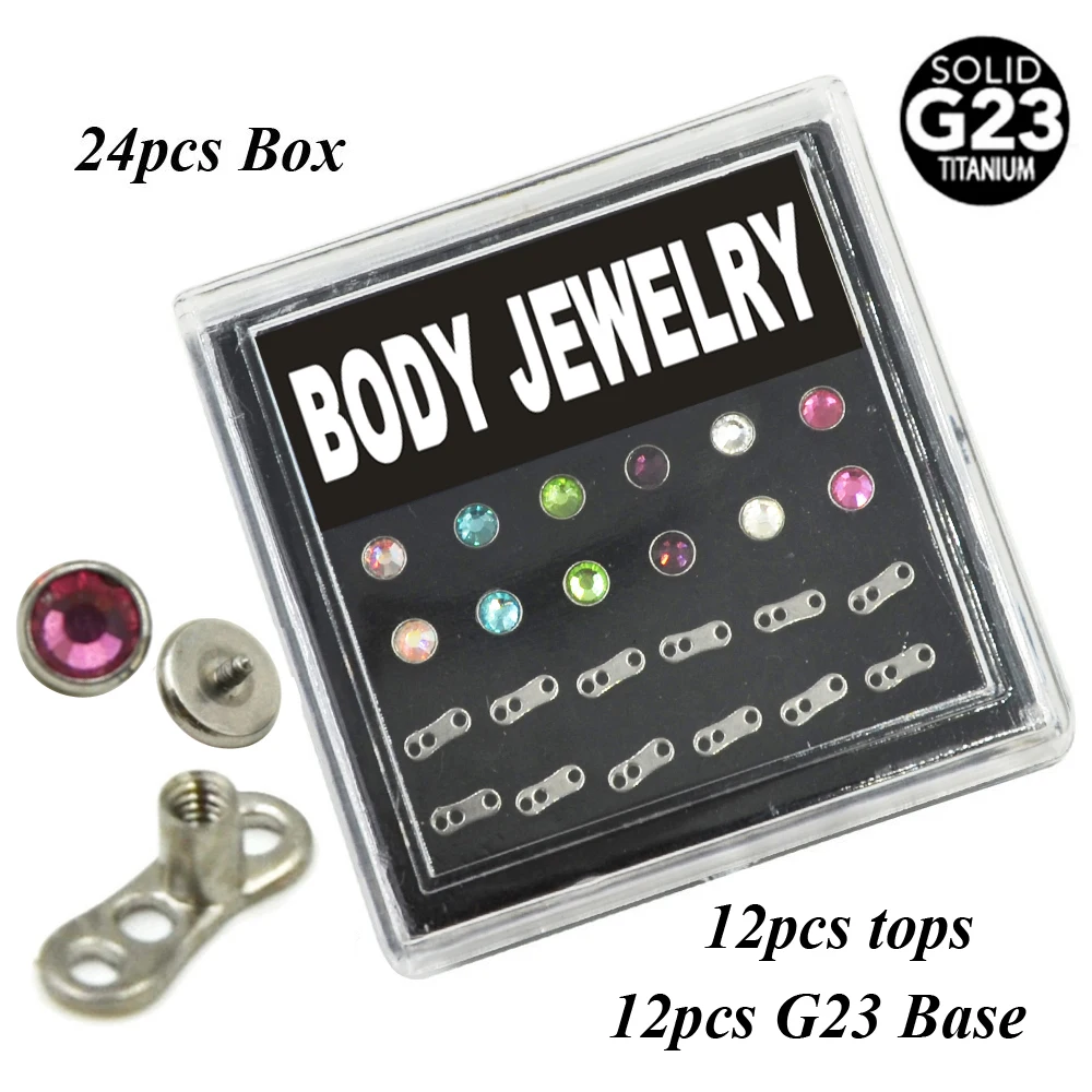 24piece G23 Titanium Flat CZ Crystal Dermal Anchor Piercing Body Jewelry Box Set Internally Threaded with Steel Tops