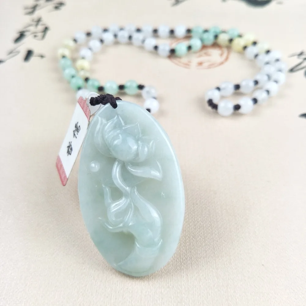 Zhe Ru Jewelry Pure Natural Jadeite Light Green Bergamot Lotus Pendant Tricolor Ice Bottom Jade Bead Chain Send A Certificate