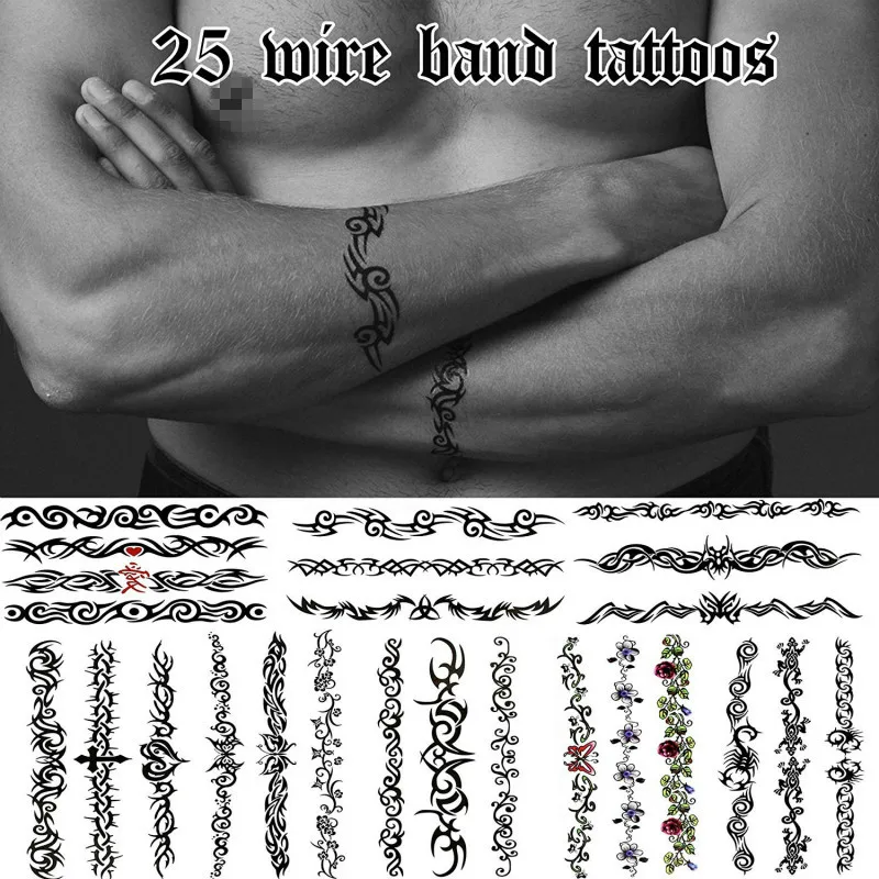 

25PCS Temporary Tattoos Assorted Arm Band and Leg Band Wire Styles - For Adults and Teens - Great on Wrists, Ankles, Arms Legs