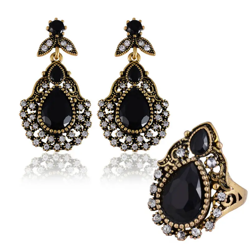 African Black Vintage Gold Color Long Hanging Earrings Rings Women Fashion Wedding Turkish Jewelry Sets Femme Pendante Brincos