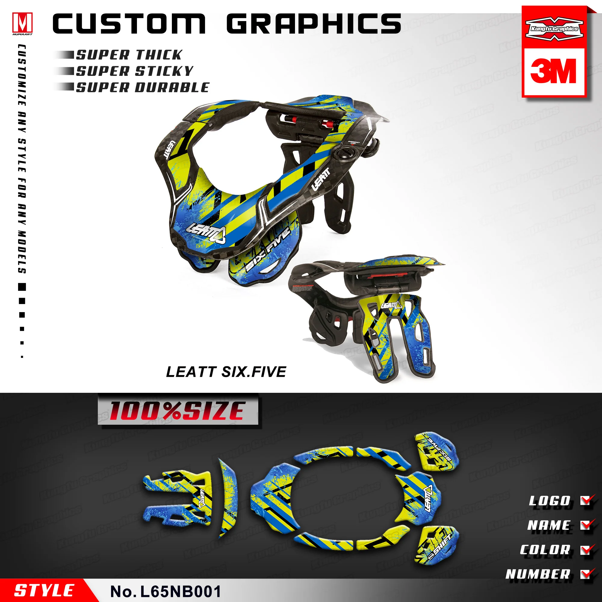 

KUNGFU GRAPHICS Motocross Decals Race Stickers for Leatt DBX GPX 6.5 Six Five Neck Brace Blue S/M L/XL (Style no. L65NB001)