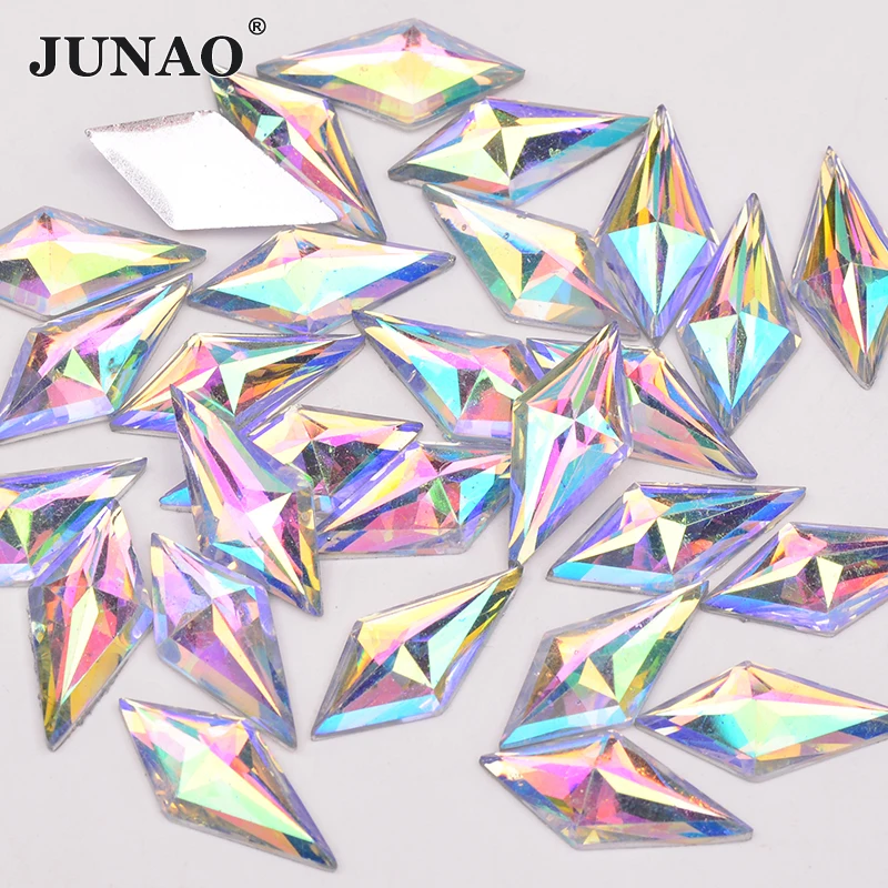 JUNAO 40pcs 10*22mm Crystal AB Resin Flatback Rhinestone Applique Rhombus Crystal Stones Non Hotfix Strass for Needlework Crafts