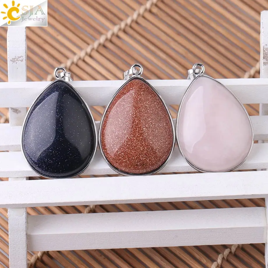 CSJA Natural Stone Pendants Tiger Eye Pink Quartz Purple Crystal Lapis Necklace Water Drop Flat Bead Women Healing Jewelry F982