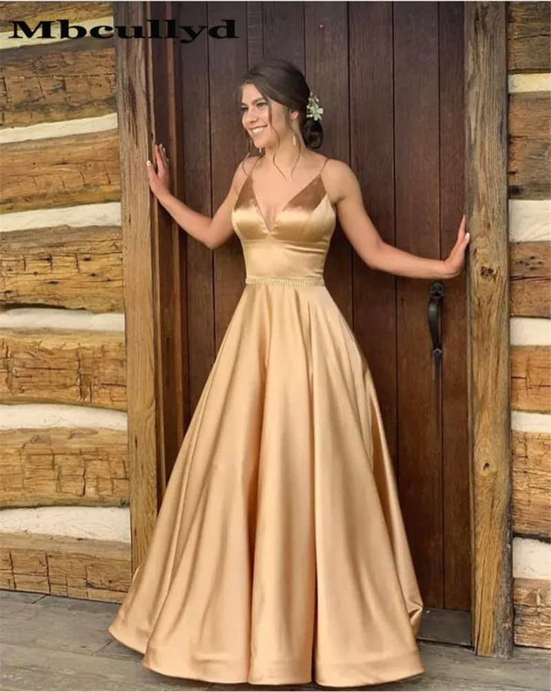 

Mbcullyd Deep V-neck Prom Dresses Long 2023 Sexy Backless Gold Evening Gala Dress Party Gowns Formal Satin robe de soiree