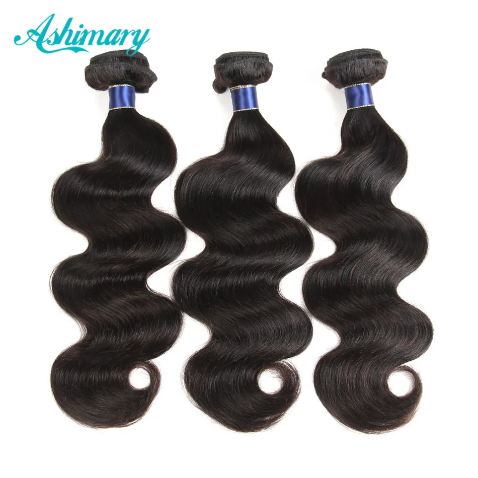 Ashimary Peruvian Body Wave 3 Bundles Non-Remy Human Hair Bundles 8-28inch Hair Weave Bundles Natural Black Color