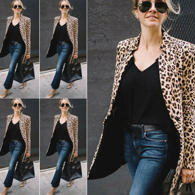 

2019 New Fashion Women Leopard Print Long Coat Women Autumn Winter Plus Size Long Sleeve Slim Long Tops