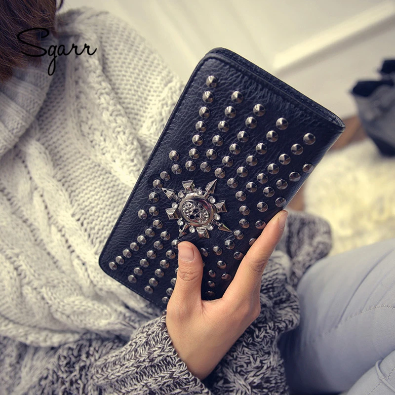 SGARR Women Famous Brand Wallet Luxury Long Wallets Female Leather Vintage Skull And Rivet Women Clutch Bag Designer Purses