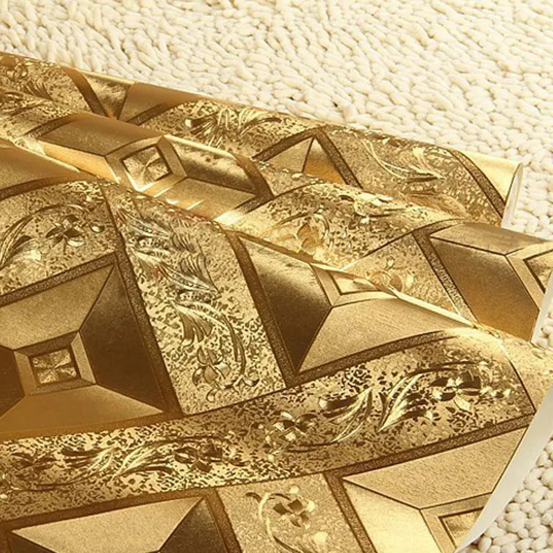 Gold Foil Wallpaper Luxury Classic 3D Stereoscopic Golden Square Lattice KTV Bar Ceiling Wallpaper Wall Covering Papel De Parede